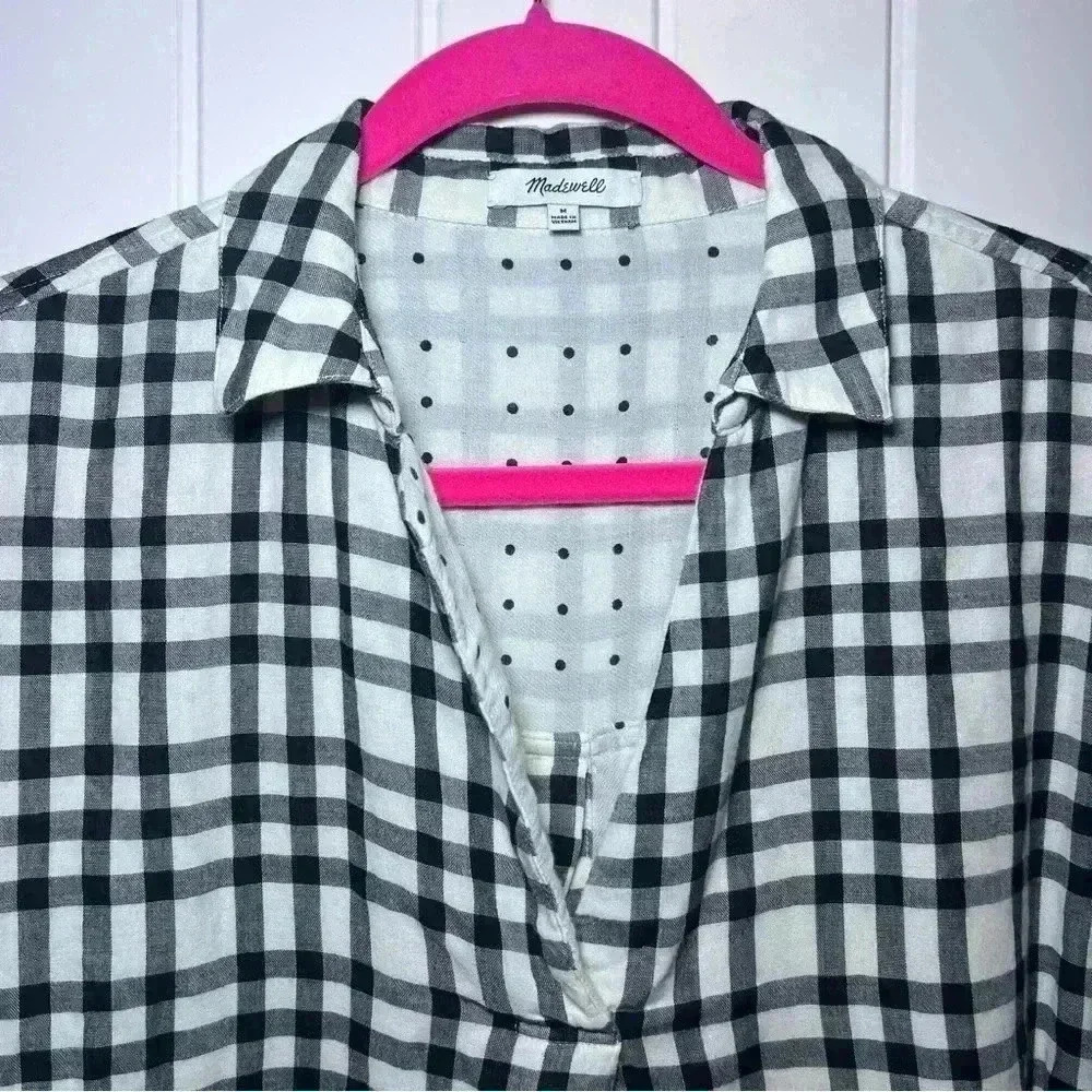 Madewell Black Cream Gingham Polka Dot Button-Down Back Tunic Size Medium - Picture 3 of 10